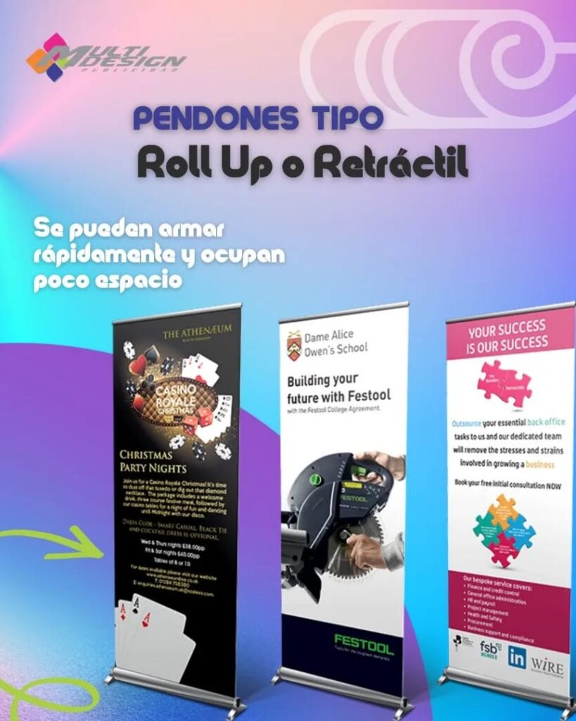 🔹👉🏻los pendones roll up o impresión en banner con porta pendón retráctil son ideales para promover e incrementar las ventas de tus productos o (